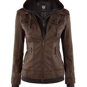 Brown faux leather bomber jacket with hood
